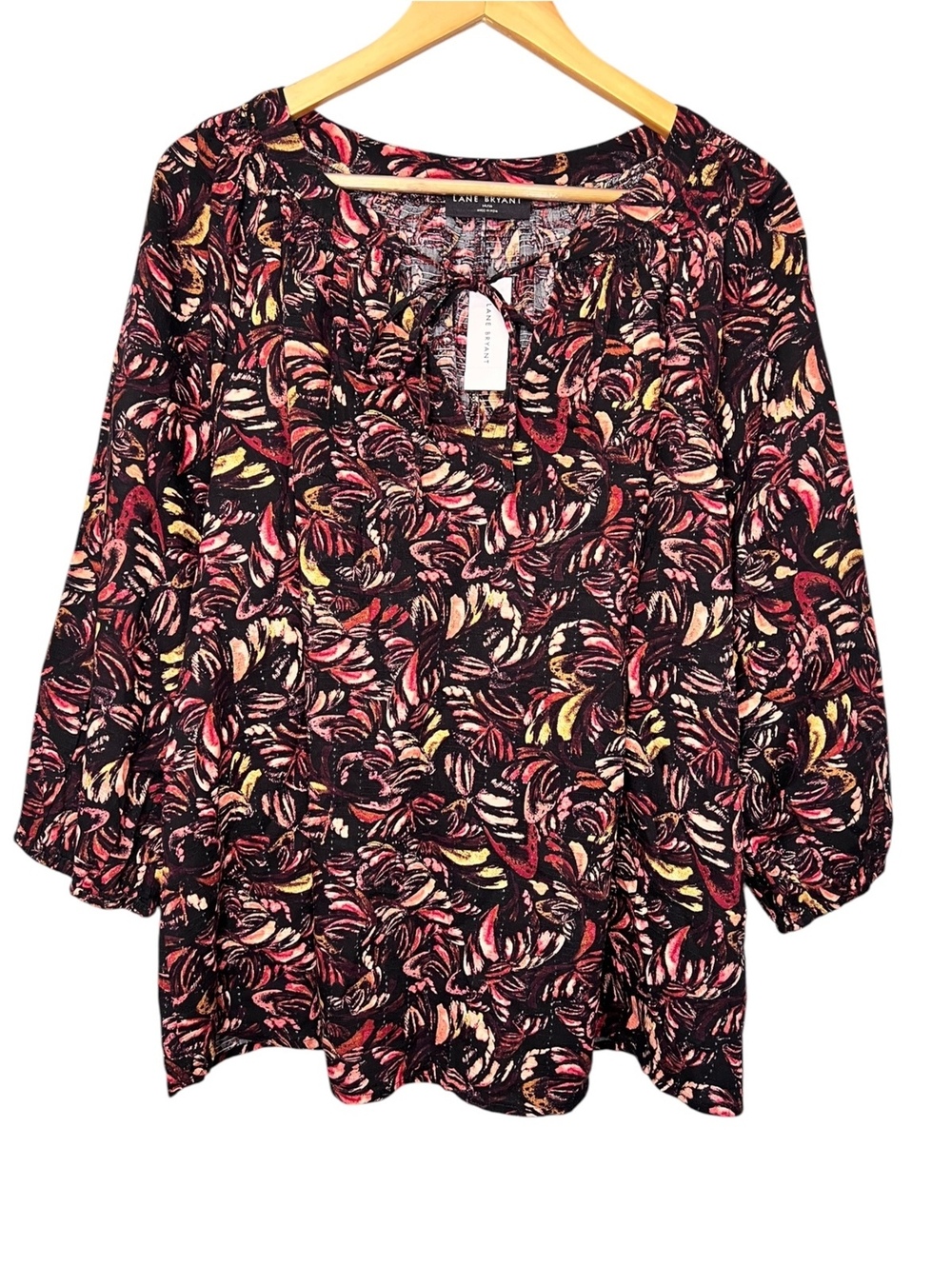 NWT Lane Bryant Boho Floral Tie Neck Blouse Top 14/16 Pink Black Gold Fall Flowy